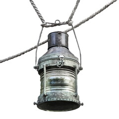 Old Copper Anchor Nautical Oil  Vintage Lantern Or Retro Lamp Hanging On Rope Isolated On White Background