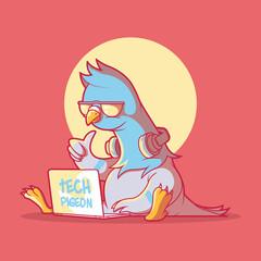 Tech pigeon on a laptop vector illustration. Technology, business, funny design concept.