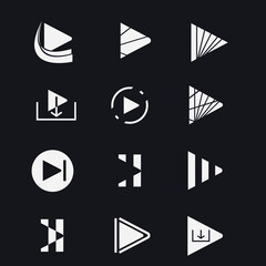 Logos and icons of video, player, multimedia, download, pause with triangle shape. Vector of different logos to organizations.