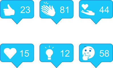 Buttons of reactions for professional network with numbers. Like, celebrations, support, love, interesting, curiosity in linkedin.	