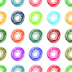 Grunge texture seamless pattern of spiral, circles, nests. Hand drawn ink brush bright multicolored stains design elements background. Wallpaper, wrapping, textile, fabric, cover. Vector illustration