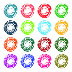 Grunge texture set of 16 spirals circles nests different colors. Hand drawn ink brush bright multicolored stains design elements background.Wallpaper wrapping textile fabric cover. Vector illustration
