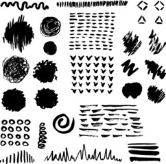 Painted brush ink grunge stains stripes set of different shapes. Hand drawn design elements. Brush strokes vector. Isolated black on white background