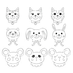 Simple doodle set of cute little animal faces. Cartoon style. Hand drawn vector illustration. Design for T-shirt, textile and prints.
