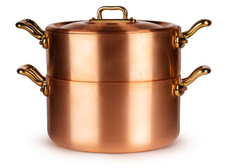 Copper cookware set isolated on white background