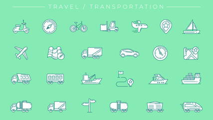 Travel and Transportation concept line style vector icons set