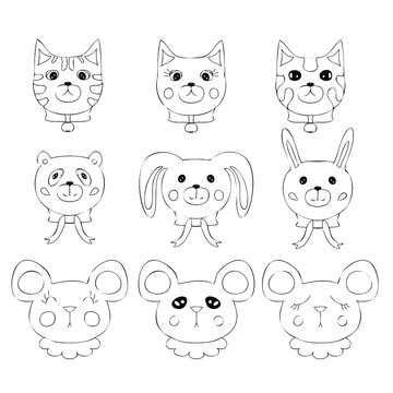 Simple doodle set of cute little animal faces. Cartoon style. Hand drawn vector illustration. Design for T-shirt, textile and prints.

