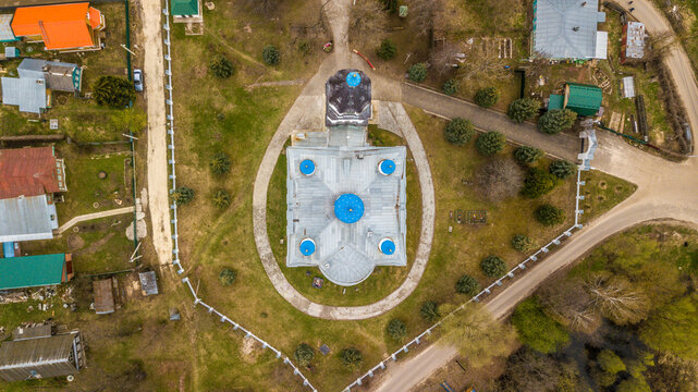 view from above at a Christian church in the village