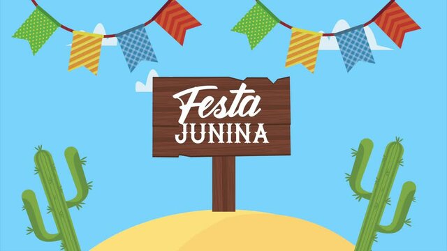 festa junina lettering animation with garlands in desert