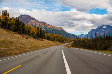 Fototapeta premium autumn road trip to the open roads of Alaska along the snow capped mountains and vibrant golden yellow foliage of autumn.