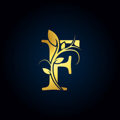 Elegant F Luxury Logo. Golden Floral Alphabet Logo with Flowers Leaves. Perfect for Fashion, Jewelry, Beauty Salon, Cosmetics, Spa, Boutique, Wedding, Letter Stamp, Hotel and Restaurant Logo.