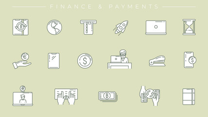 Finance and Payments concept line style vector icons set.
