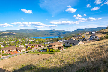 Fototapeta na wymiar View of the lake from a community of luxury hilltop homes in the city of Liberty Lake, Washington, a suburb of Spokane, Washington, USA