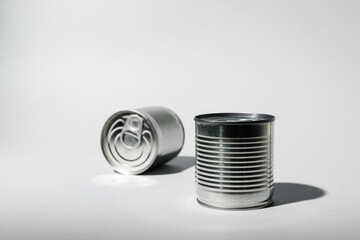 Tin can for food on gray background