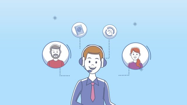 customer service worker with clients and icons