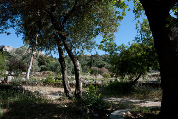 Athens, Greece / May 2021: The archaeological site of the Ancient Agora of Athens without tourists due to Corona virus restrictions.	