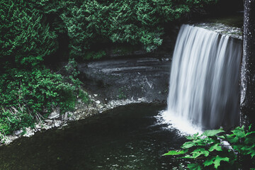 waterfall, bridal veil, falls, Manitoulin, island, cascade, province bay, Ontario, Canada, motion, moody, gloomy, breathtaking, water, nature, evening, forest, dark, true north, flowing