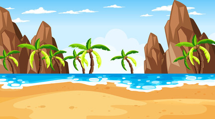 Fototapeta na wymiar Tropical beach scene with many palm trees at day time