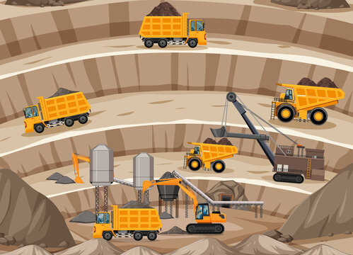 Landscape of coal mining scene with crane and trucks
