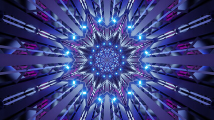 3D rendering of futuristic kaleidoscopic patterns in neon blue and black vibrant colors © Tunnelmotions/Wirestock