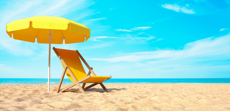beach vacation with yellow parasol chair on blue sky 3d rendering
