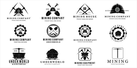 set of mining logo vector vintage illustration template design . mining cart helmet shovel trowel pickax or pickaxe tools logo bundle collection mining concept illustration design