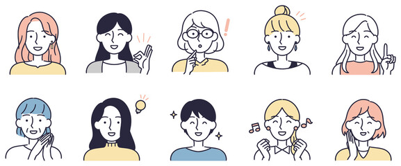 Fototapeta premium 笑顔の女性セット シンプルイラスト