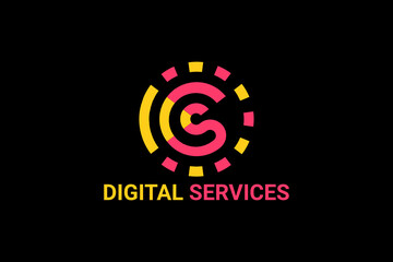 Flat vector logo element with telephone illustration, sound waves with initials "C" or "CS" in positive space and "e" in negative space. Usable for digital service logos.