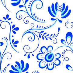 Vector illustration of a Russian ornament. Gzhel painting with a seamless pattern, decoration of objects in the Russian style. EPS 8