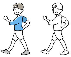 ウォーキングする男の子-振り向く