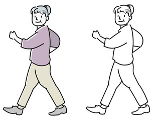 ウォーキングするおばあちゃん-振り向く