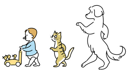 ウォーキングする赤ちゃんと猫と犬
