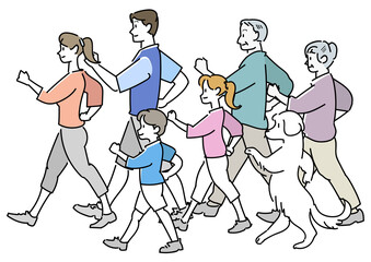 並んでウォーキングする家族
