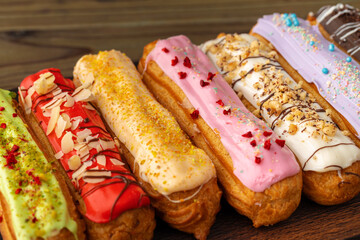 Eclair cake close up on wooden table