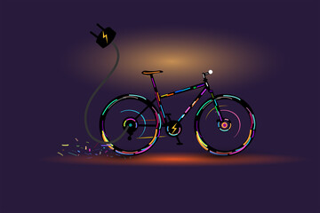 Fototapeta na wymiar Eco friendly electric bicycle design with multiple coloring light stripe and dark background.