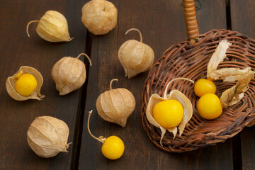 Obraz na płótnie Canvas Cape Gooseberry (Physalis Peruviana) fruits with capsules over a wooden brown table and other are in a basket.