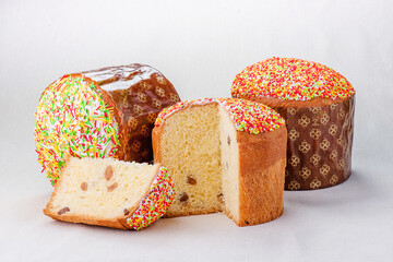 Easter cakes. Panettone. Traditional Easter cake isolated on white background. Space for text. Mockup. Close-up