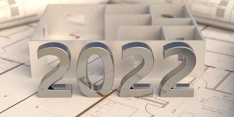 New year 2021 shiny metal number on construction project blueprint. 3d illustration