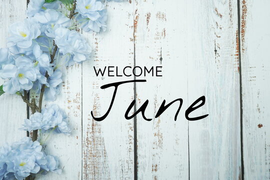 Welcome June text and blue flower decoration on wooden background