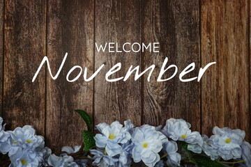 Welcome November text and blue flower decoration on