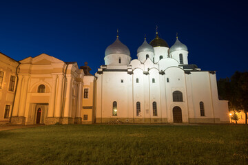 Ancient St. Sophia Cathedral in the night illumination on a July night. Detinets of Veliky Novgorod, Russia