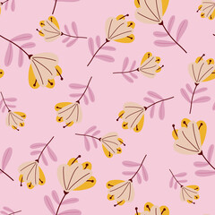 Orange colored simple flowers silhouettes seamless pattern. Lilac background. Bloom scrapbook backdrop.