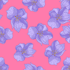 Bright summer floral seamless random pattern with blue flower elements ornament. Pink background.