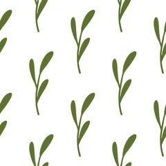 Fototapeta na wymiar Bloom minimalistic leaf branches seamless pattern in doodle style. Isolated floral backdrop.