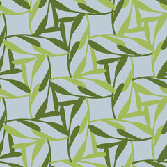 Naklejka na ściany i meble Nature seamless abstract pattern with green doodle leaf branches shapes. Blue background.