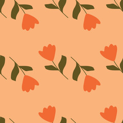 Decorative floral seamless pattern with vintage orange tulips flowers ornament. Pastel pink background.