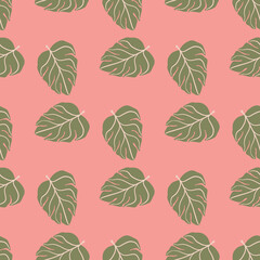 Green monstera leaves seamless pattern in hand drawn tropic style. Pink background. Doodle ornament.