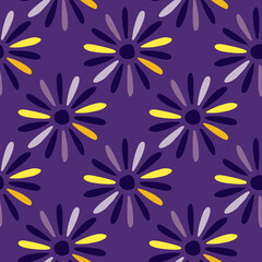 Bloom nature seamless pattern with abstract daisy flowers ornament. Purple background. Doodle style.