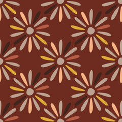 Fototapeta na wymiar Seasonal summer seamless pattern with colorful abstract daisy flowers shapes. Brown background.