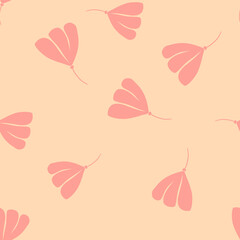 Seamless pattern with random simple cosmos flowers shapes ornament. Pink colored floral artwork.